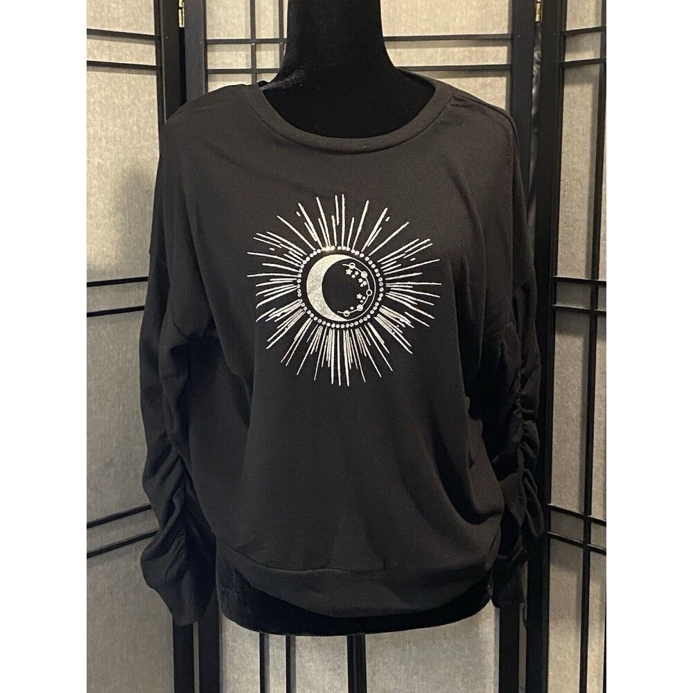 Retrology Women’s Black Knit Pullover Sweater Sz L Sun Moon Rhinestones Stretch